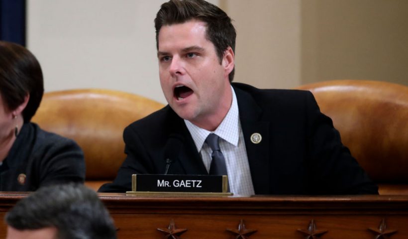 WASHINGTON, DC - DECEMBER 09: Rep. Matt Gaetz (R-FL) talks out of turn and interupts during testimony by Democratic and Republican counsels in an impeachment hearing before the House Judiciary Committee in the Longworth House Office Building on Capitol Hill December 9, 2019 in Washington, DC. The hearing is being held for the Judiciary Committee to formally receive evidence in the impeachment inquiry of President Donald Trump, whom Democrats say held back military aid for Ukraine while demanding they investigate his political rivals. The White House declared it would not participate in the hearing. (Photo by Jonathan Ernst-Pool/Getty Images)