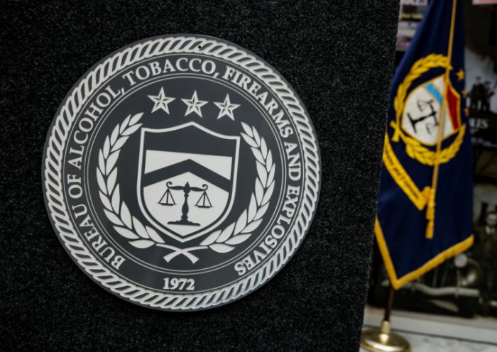 The Bureau of Alcohol, Tobacco, Firearms, and Explosives (ATF) is seen on the podium before the ceremonial swearing-in of Steven Dettelbach as the second ATF Director to be confirmed by Congress at the ATF headquarters on July 19, 2022 in Washington, DC. (Photo by Samuel Corum/Getty Images)
