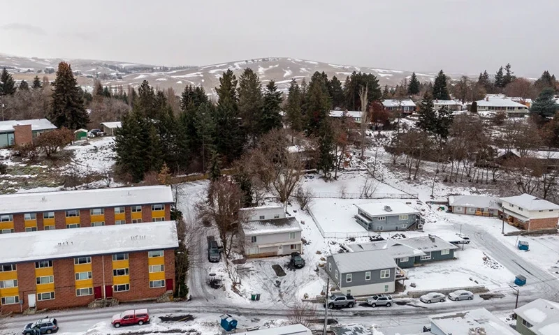 JANUARY 3: In this aerial view, a home that is the site of a quadruple murder is seen at center on January 3, 2023 in Moscow, Idaho. A suspect has been arrested for the murders of the four University of Idaho students. (Photo by David Ryder/Getty Images)