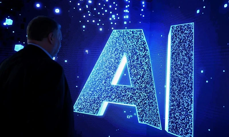 A visitor watches an AI (Artificial Intelligence) sign on an animated screen at the Mobile World Congress (MWC), the telecom industry's biggest annual gathering, in Barcelona. (Photo by Josep LAGO / AFP) (Photo by JOSEP LAGO/AFP via Getty Images)