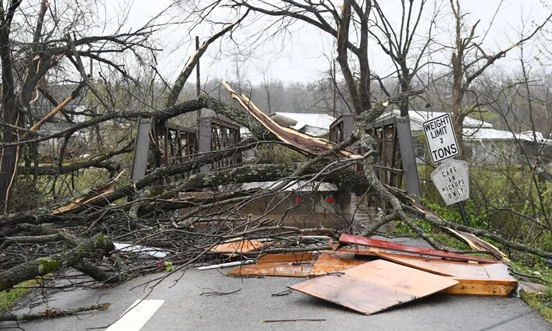 GLENALLEN, MO - APRIL 05: Debris from tornado destruction blocks a residential bridge after a tornado touched down in the area on April 5, 2023 in Glenallen, Missouri. At least four people have reportedly been killed and multiple others injured following an early morning tornado which tore through parts of southeastern Missouri on Wednesday. (Photo by Michael B. Thomas/Getty Images)