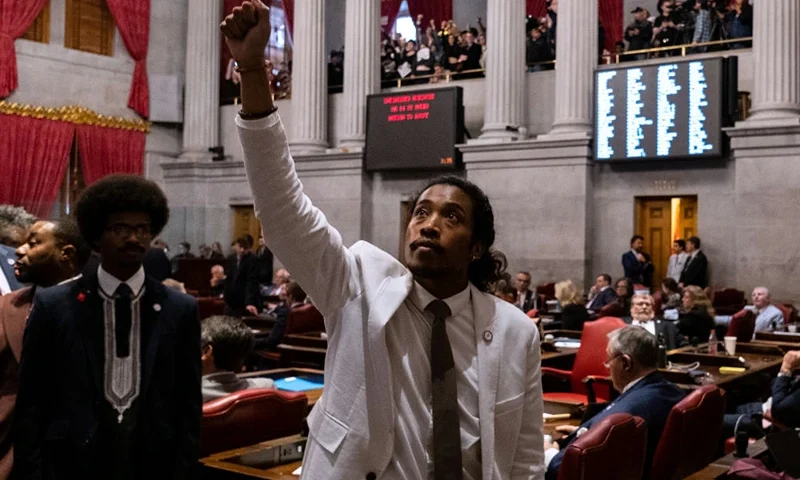 Democratic state Rep. Justin Jones of Nashville gestures during a vote on his expulsion from the state legislature at the State Capitol Building on April 6, 2023 in Nashville, Tennessee. He was expelled after he and two other Democratic reps led a protest at the Tennessee State Capital building in the wake of a mass shooting where three students and three adults were killed on March 27 at the Covenant School in Nashville. (Photo by Seth Herald/Getty Images)