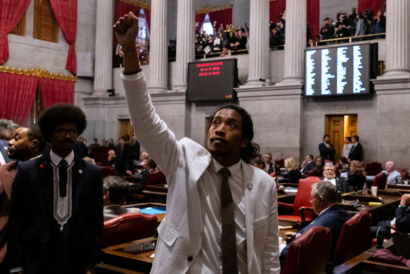 Democratic state Rep. Justin Jones of Nashville gestures during a vote on his expulsion from the state legislature at the State Capitol Building on April 6, 2023 in Nashville, Tennessee. He was expelled after he and two other Democratic reps led a protest at the Tennessee State Capital building in the wake of a mass shooting where three students and three adults were killed on March 27 at the Covenant School in Nashville. (Photo by Seth Herald/Getty Images)