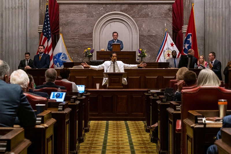 Democratic state Rep. Justin Jones of Nashville speaks prior to a vote on his expulsion from the legislature at the State Capitol Building on April 6, 2023 in Nashville, Tennessee. He was expelled on a vote along party lines after he and two other Democratic reps led a protest at the Tennessee State Capitol building in the wake of a mass shooting where three students and three adults were killed on March 27 at the Covenant School in Nashville. (Photo by Seth Herald/Getty Images)