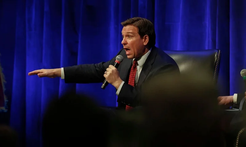 HILLSDALE, MI - APRIL 06: Florida Gov. Ron DeSantis (R-FL) responds to a question from Hillsdale College President Dr. Larry Arnn at Hillsdale College on April 6, 2023 in Hillsdale, Michigan. DeSantis spoke earlier in the day at a GOP breakfast in Midland, Michigan (Photo by Chris duMond/Getty Images).