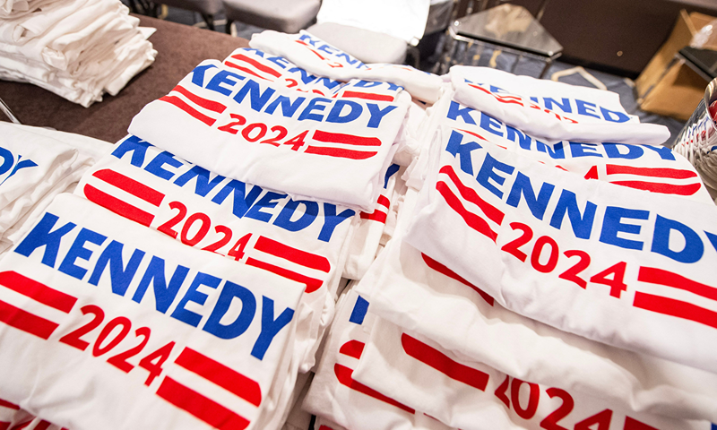 Campaign memorabilia for Robert F. Kennedy, Jr., is for sale in Boston, Massachusetts, on April 19, 2023. - Kennedy, son of former 1968 presidential candidate Robert F. Kennedy, is to announce his 2024 presidential bid. (Photo by JOSEPH PREZIOSO / AFP) (Photo by JOSEPH PREZIOSO/AFP via Getty Images)