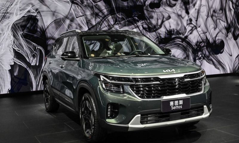 A Kia Seltos car is displayed during the 20th Shanghai International Automobile Industry Exhibition in Shanghai on April 19, 2023. (Photo by Hector RETAMAL / AFP) (Photo by HECTOR RETAMAL/AFP via Getty Images)