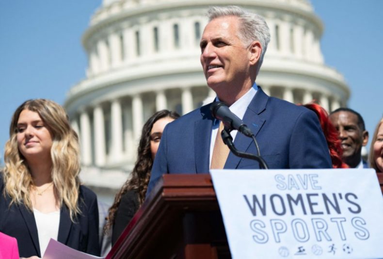 US Speaker of the House Kevin McCarthy, Republican of California, speaks following the passage of the "The Protection of Women and Girls in Sports Act," by the House, outside the US Capitol in Washington, DC, April 20, 2023. (Photo by SAUL LOEB / AFP) (Photo by SAUL LOEB/AFP via Getty Images)