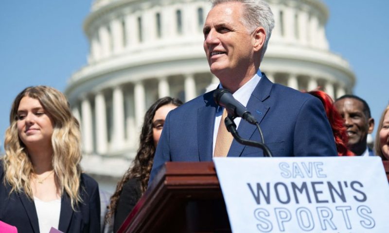 US Speaker of the House Kevin McCarthy, Republican of California, speaks following the passage of the "The Protection of Women and Girls in Sports Act," by the House, outside the US Capitol in Washington, DC, April 20, 2023. (Photo by SAUL LOEB / AFP) (Photo by SAUL LOEB/AFP via Getty Images)