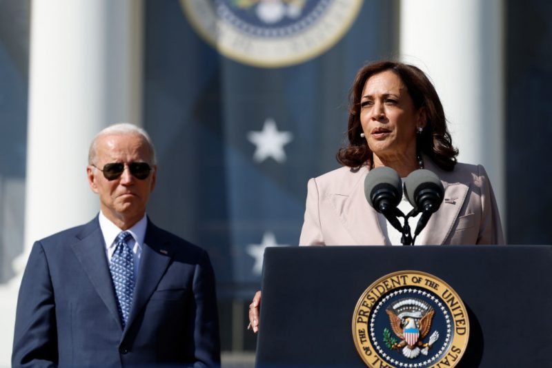 U.S. Vice President Kamala Harris gives remarks, alongside U.S President Joe Biden, at an event celebrating the passage of the Inflation Reduction Act on the South Lawn of the White House on September 13, 2022 in Washington, DC. H.R. 5376, the Inflation Reduction Act of 2022 was passed by the House and Senate and later signed by Biden in August. (Photo by Anna Moneymaker/Getty Images)