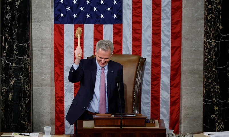 Speaker of the House Kevin McCarthy (R-CA) hits the gavel after being elected Speaker in the House Chamber at the U.S. Capitol Building on January 07, 2023 in Washington, DC. After four days of voting and 15 ballots McCarthy secured enough votes to become Speaker of the House for the 118th Congress. (Photo by Chip Somodevilla/Getty Images)