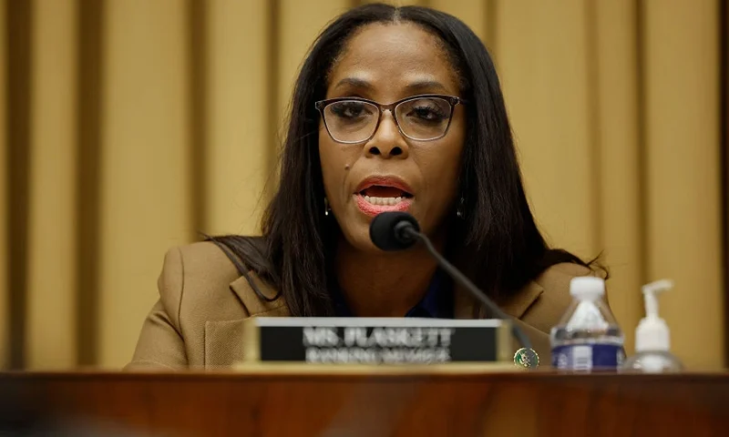 WASHINGTON, DC - FEBRUARY 09: Ranking member Del. Stacey Plaskett (D-VI) delivers opening remarks during the first hearing of the Weaponization of the Federal Government subcommittee in the Rayburn House Office Building on Capitol Hill on February 09, 2023 in Washington, DC. This was the first hearing of the new subcommittee, created by a sharply divided Congress to scrutinize what Republican members have charged is an effort by the federal government to target and silence conservatives. (Photo by Chip Somodevilla/Getty Images)