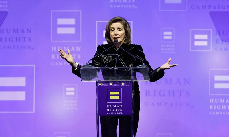LOS ANGELES, CALIFORNIA - MARCH 25: United States Representative Nancy Pelosi speaks onstage during the Human Rights Campaign Dinner at JW Marriott Los Angeles L.A. LIVE on March 25, 2023 in Los Angeles, California. (Photo by Kevin Winter/Getty Images for Human Rights Campaign)