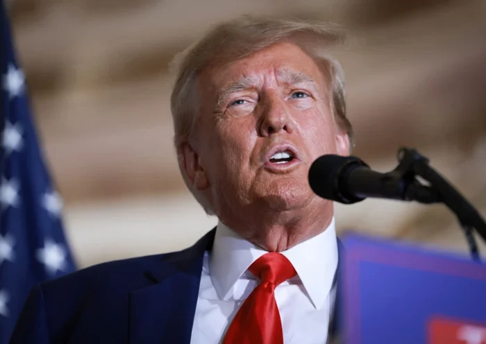 WEST PALM BEACH, FLORIDA - APRIL 04: Former U.S. President Donald Trump speaks during an event at the Mar-a-Lago Club April 4, 2023 in West Palm Beach, Florida. Trump pleaded not guilty in a Manhattan courtroom today to 34 counts related to money paid to adult film star Stormy Daniels in 2016, the first criminal charges for any former U.S. president. (Photo by Joe Raedle/Getty Images)