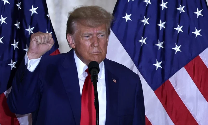 WEST PALM BEACH, FLORIDA - APRIL 04: Former U.S. President Donald Trump holds up his fist during an event at the Mar-a-Lago Club April 4, 2023 in West Palm Beach, Florida. Trump pleaded not guilty in a Manhattan courtroom today to 34 counts related to money paid to adult film star Stormy Daniels in 2016, the first criminal charges for any former U.S. president. (Photo by Alex Wong/Getty Images)
