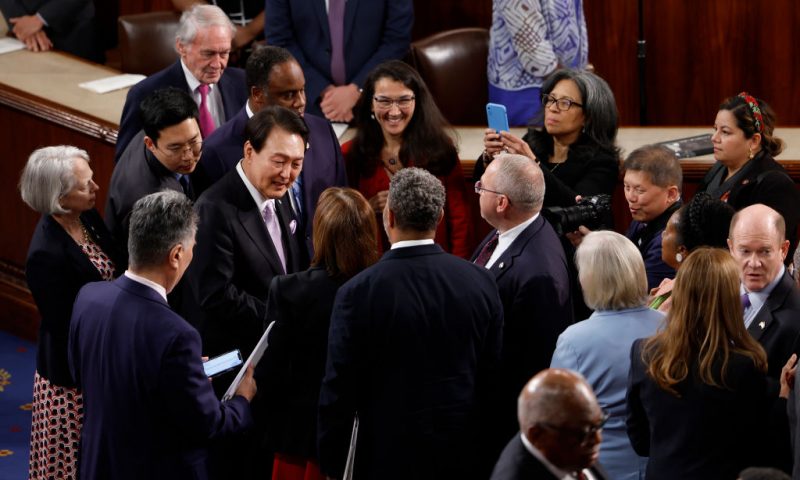 WASHINGTON, DC - APRIL 27: South Korean President Yoon Suk-yeol greets members of Congress as he departs after delivering remarks to a joint meeting of Congress in the House Chamber of the U.S. Capitol on April 27, 2023 in Washington, DC. President Yoon will speak on the continued partnership between South Korea and the United States and outline his vision for the future of the 70-year alliance. (Photo by Anna Moneymaker/Getty Images)