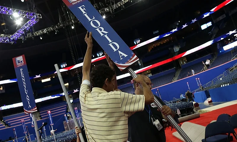 TAMPA, FL - AUGUST 25: The Florida banner is raised inside the Tampa Bay Times Forum before the start of the Republican National Convention August 25, 2012 in Tampa, Florida. The convention that is expected to nominate former Massachusetts Gov. Mitt Romney for U.S. President begins on August 27. (Photo by Mark Wilson/Getty Images)