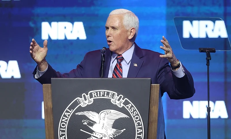 INDIANAPOLIS, INDIANA - APRIL 14: Former Vice President Mike Pence speaks to guests at the 2023 NRA-ILA Leadership Forum on April 13, 2023 in Indianapolis, Indiana. The forum is part of the National Rifle Association’s Annual Meetings & Exhibits which begins today and runs through Sunday. (Photo by Scott Olson/Getty Images)