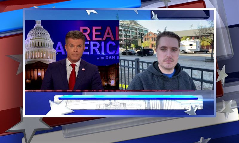 Video still from Nick Sortor's interview with Real America on One America News Network