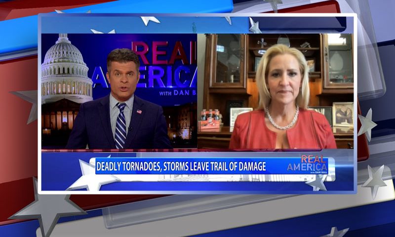 Video still from Leslie Rutledge's interview with Real America on One America News Network