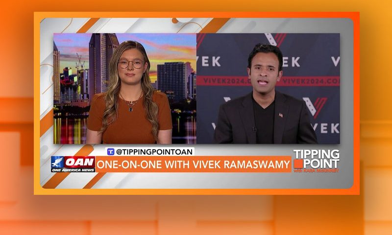 Video still from Vivek Ramaswamy's interview with Tipping Point on One America News Network