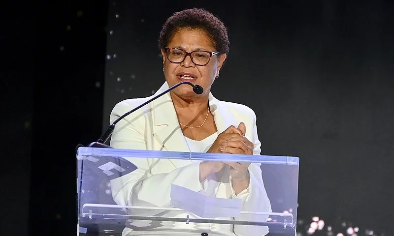 LOS ANGELES, CALIFORNIA - MARCH 09: Mayor of Los Angeles Karen Bass speaks onstage during the 2023 ESSENCE Black Women In Hollywood Awards at Fairmont Century Plaza on March 09, 2023 in Los Angeles, California. (Photo by Paras Griffin/Getty Images for ESSENCE)