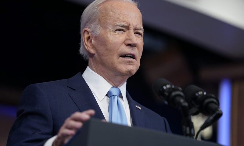 President Joe Biden delivers remarks on requiring airlines to compensate passengers for extensive flight delays and cancellations, in the South Court Auditorium on the White House complex, Monday, May 8, 2023, in Washington. (AP Photo/Evan Vucci)