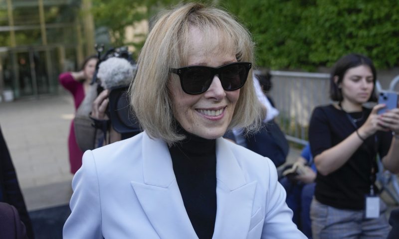 E. Jean Carroll leaves federal court in New York, Monday, May 8, 2023. A jury heard closing arguments from a lawyer for the advice columnist who says Donald Trump sexually attacked her in a department store in 1996. (AP Photo/Seth Wenig)