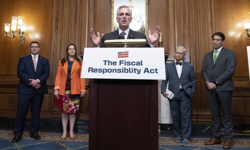 House Speaker Kevin McCarthy of Calif. along with other Republican members of the House, speaks at a news conference after the House passed the debt ceiling bill at the Capitol in Washington, Wednesday, May 31, 2023. The bill now goes to the Senate. (AP Photo/Jose Luis Magana)
