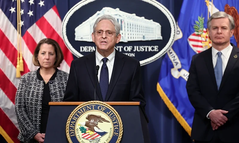 WASHINGTON, DC - MAY 04: U.S. Attorney General Merrick Garland, joined by Deputy Attorney General Lisa Monaco and FBI Director Christopher Wray, speaks on the Proud Boys conspiracy trial on May 04, 2023 in Washington, DC. Proud Boys leader Enrique Tarrio and members Ethan Nordean, Joseph Biggs, Zachary Rehl were found guilty of seditious conspiracy, while member Dominic Pezzola was found guilty of other charges including obstructing a proceeding of Congress and destruction of government property for their roles in the Jan. 6 attack on the U.S. Capitol. (Photo by Win McNamee/Getty Images)