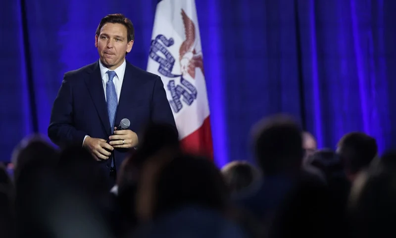 DES MOINES, IOWA - MARCH 10: Florida Gov. Ron DeSantis speaks to Iowa voters during an event at the Iowa State Fairgrounds on March 10, 2023 in Des Moines, Iowa. DeSantis, who is widely expected to seek the 2024 Republican nomination for president, is one of several Republican leaders visiting the state this month. (Photo by Scott Olson/Getty Images)