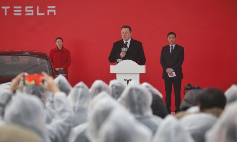 Tesla boss Elon Musk speaks during the ground-breaking ceremony for a Tesla factory in Shanghai on January 7, 2019. - Musk presided over the ground-breaking for a Shanghai factory that will allow the electric-car manufacturer to dodge the China-US tariff crossfire and sell directly to the world's biggest market for "green" vehicles. (Photo by STR / AFP) / China OUT (Photo credit should read STR/AFP via Getty Images)