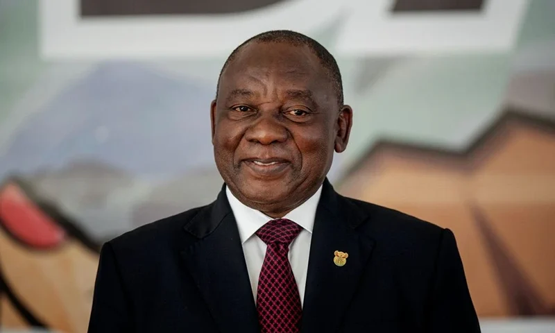 South Africa President Cyril Ramaphosa (C) looks on from the stage at the Miki Yili Stadium, Makhanda, Eastern Cape Province, ahead of the celebrations for the 25th anniversary of Freedom Day on April 27, 2019. - Freedom Day commemorates the first democratic post-apartheid elections held in South Africa on April 27, 1994. (Photo by Michele Spatari / AFP) (Photo credit should read MICHELE SPATARI/AFP via Getty Images)