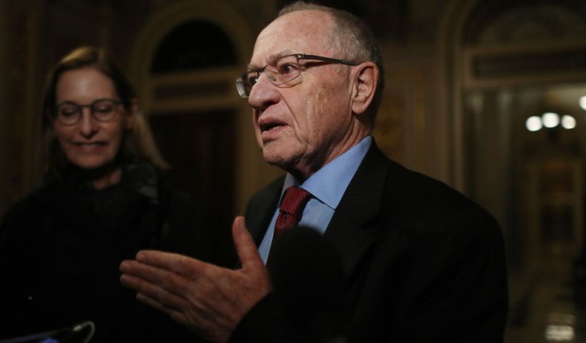 WASHINGTON, DC - JANUARY 29: Attorney Alan Dershowitz, a member of President Donald Trump's legal team, speaks to the press in the Senate Reception Room during the Senate impeachment trial at the U.S. Capitol on January 29, 2020 in Washington, DC. Wednesday begins the question-and-answer phase of the impeachment trial that will last up to 16 hours over the next two days. (Photo by Mario Tama/Getty Images)