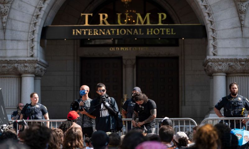 WASHINGTON, DC - JUNE 03: Demonstrators peacefully protest outside of Trump International Hotel Washington on Pennsylvania Avenue on June 3, 2020 in Washington, DC. Protests in cities throughout the country continue in the wake of the death of George Floyd, a black man who died while in police custody in Minneapolis on May 25. (Photo by Drew Angerer/Getty Images)