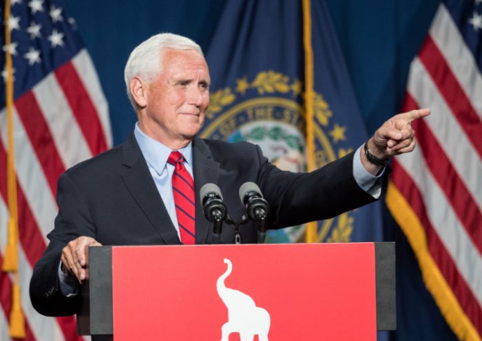 MANCHESTER, NH - JUNE 03: Former Vice President Mike Pence addresses the GOP Lincoln-Reagan Dinner on June 3, 2021 in Manchester, New Hampshire. Pence's visit to New Hampshire would be the first time back since he was Vice President. (Photo by Scott Eisen/Getty Images)