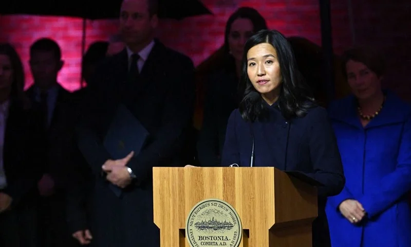 Mayor of Boston Michelle Wu speaks during a Welcome to Earthshot event at City Hall Plaza in Boston, Massachusetts, on November 30, 2022. (Photo by ANGELA WEISS / AFP) (Photo by ANGELA WEISS/AFP via Getty Images)