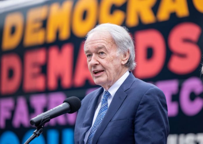 BOSTON, MASSACHUSETTS - APRIL 24: Sen. Ed Markey (D-MA) speaks during the "Just Majority" Supreme Court Accountability Campaign Launch Press Conference in Copley Square on April 24, 2023 in Boston, Massachusetts. (Photo by Scott Eisen/Getty Images for Just Majority)