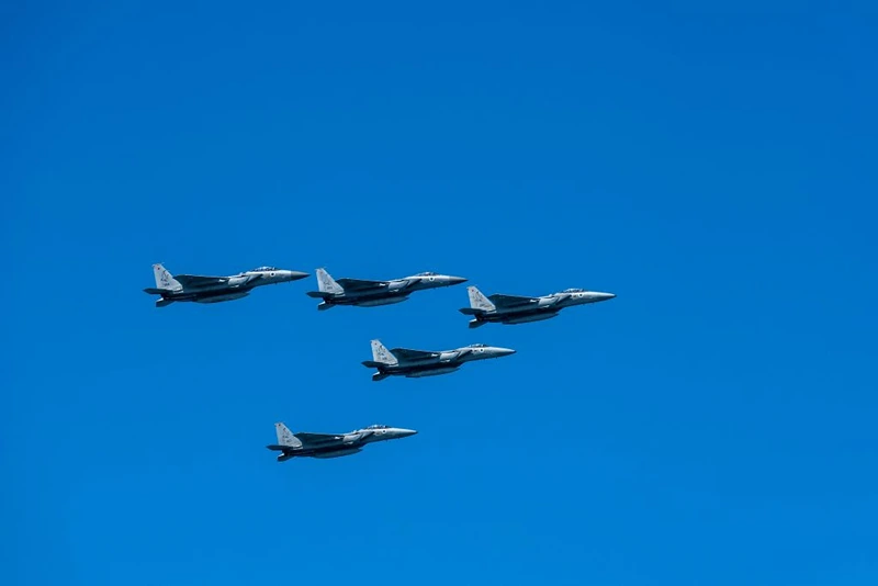 Israeli Air Force F-15 Eagle fighter jets flyover a beach during an airshow in Tel Aviv on April 26, 2023, to mark the 75th anniversary of the State of Israel's creation. (Photo by Jack GUEZ / AFP) (Photo by JACK GUEZ/AFP via Getty Images)