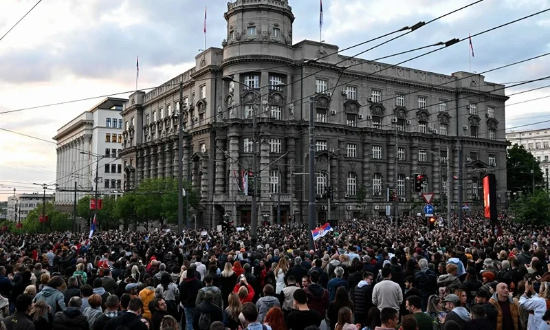 Demonstrators march during a rally to call for the resignation of top officials and the curtailing of violence in the media, just days after back-to-back shootings stunned the Balkan country, in Belgrade on May 8, 2023. (Photo by ANDREJ ISAKOVIC / AFP) (Photo by ANDREJ ISAKOVIC/AFP via Getty Images)