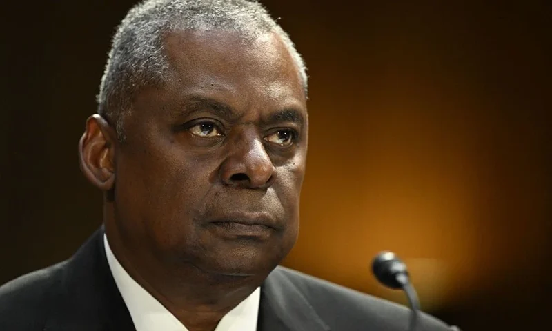 US Defense Secretary Lloyd Austin looks on during a Senate Appropriations Committee hearing on the 2024 proposed budget request, and the path ahead for the US-China relationship, on Capitol Hill in Washington, DC, on May 16, 2023. (Photo by ANDREW CABALLERO-REYNOLDS/AFP via Getty Images)