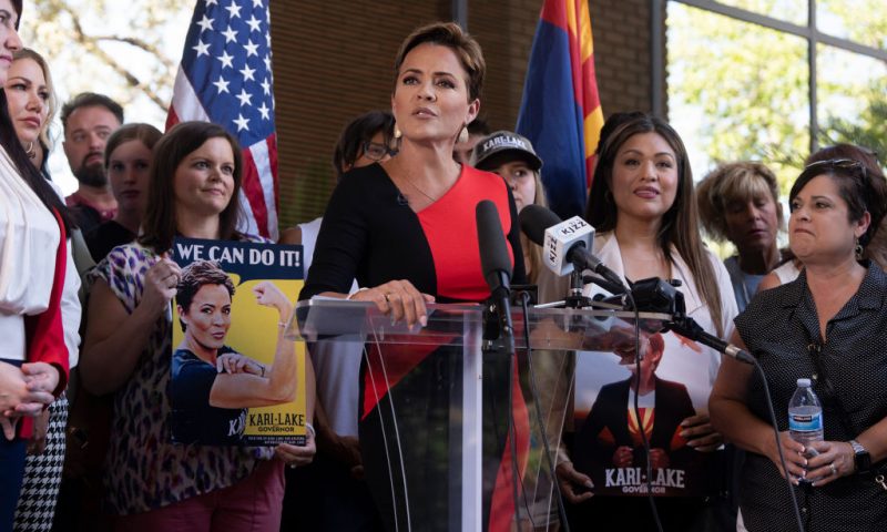 PHOENIX, ARIZONA - MAY 23: Former Arizona Republican candidate for Governor Kari Lake holds a press conference the day after Maricopa County Superior Court Judge Peter A. Thompson dismissed Lake's final election loss claim on May 23, 2023 in Phoenix, Arizona. An Arizona judge dismissed the last lawsuit filed by Republican Kari Lake, confirming Democrat Katie Hobbs as the winner of the 2022 election. (Photo by Rebecca Noble/Getty Images)