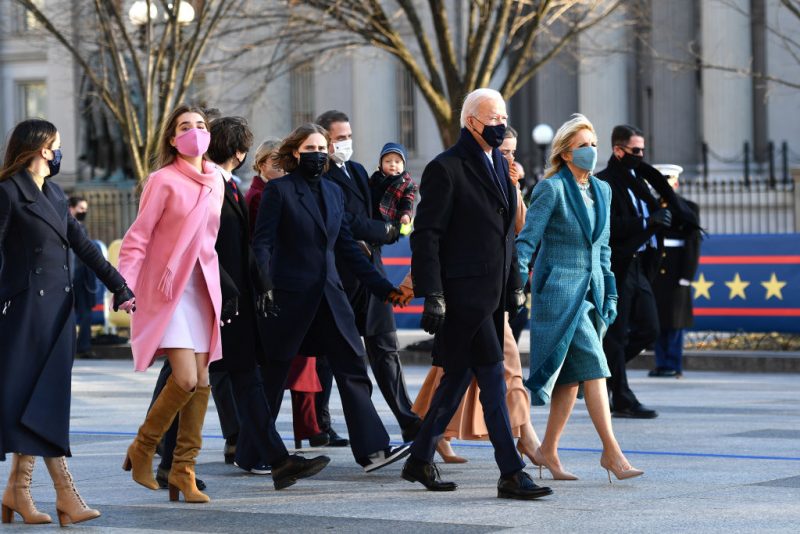 WASHINGTON, DC - JANUARY 20: U.S. President Joe Biden, First Lady Dr. Jill Biden and family walk the abbreviated parade route after Biden's inauguration on January 20, 2021 in Washington, DC. Biden became the 46th president of the United States earlier today during the ceremony at the U.S. Capitol. (Photo by Mark Makela/Getty Images)