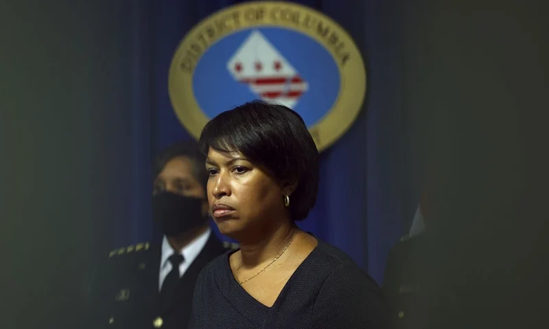 Washington DC Mayor Muriel Bowser looks on during a press conference on February 28, 2022 in Washington, DC. Washington DC Mayor Muriel Bowser was joined by local and federal law enforcement officials to discuss security measures that are being implemented in the District ahead of U.S. President Joe Biden's State of the Union address and a potential protest by truckers against mask mandates. (Photo by Justin Sullivan/Getty Images)