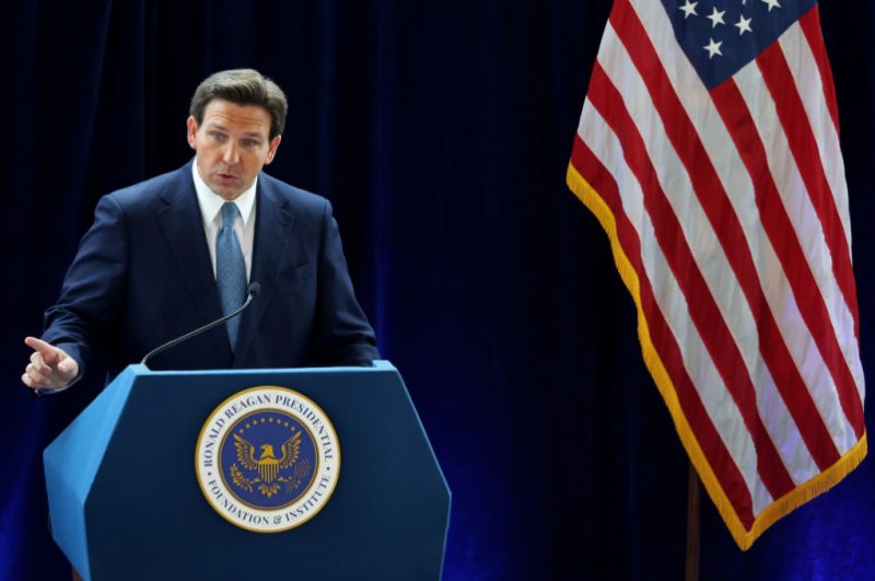 SIMI VALLEY, CALIFORNIA - MARCH 05: Florida Governor Ron DeSantis speaks about his new book ‘The Courage to Be Free’ in the Air Force One Pavilion at the Ronald Reagan Presidential Library on March 5, 2023 in Simi Valley, California. Gov. Ron DeSantis considered to be one of the GOP frontrunners in the 2024 Presidential Election. (Photo by Mario Tama/Getty Images)