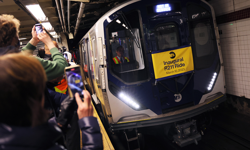 NEW YORK, NEW YORK - MARCH 10: The new R211 open gangway subway train arrives at the 207 St A subway station on March 10, 2023 in New York City. MTA leadership unveiled the first of the new subway car fleet that is part of a 535-car order with the beginning passenger service on the 'A' line. (Photo by Michael M. Santiago/Getty Images)