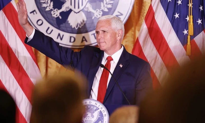 Former U.S. Vice President Mike Pence waves after delivering closing remarks at the Nixon National Energy Conference at the Richard Nixon Presidential Library and Museum on April 19, 2023 in Yorba Linda, California. (Photo by Mario Tama/Getty Images)