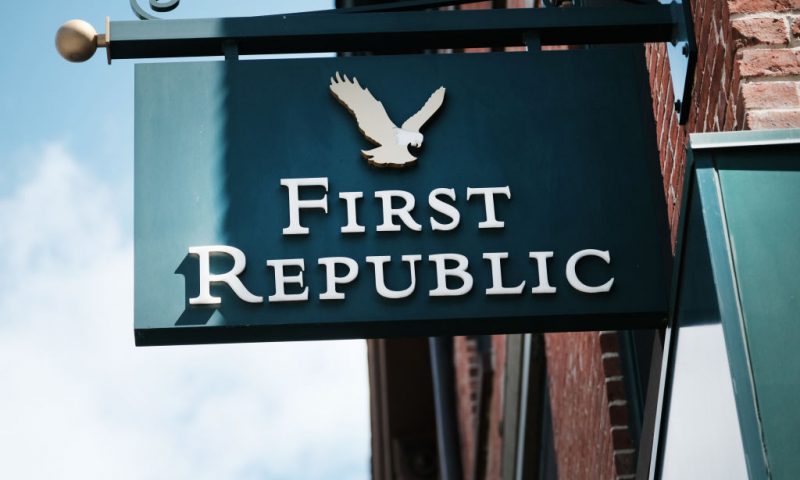 A sign for a First Republic bank branch is seen in Manhattan on April 24, 2023 in New York City. The U.S. bank will reveal its latest financial results but concerns over small and medium-sized banks persist following the collapse of Silicon Valley Bank (SVB) in March. (Photo by Spencer Platt/Getty Images)