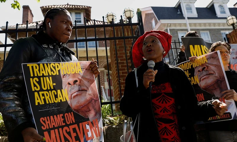 Emira Woods, an activist with the group Africans Rising for Justice Peace and Dignity, speaks during a protest outside the Ugandan Embassy over the Uganda's parliamentary Anti-Homosexuality Bill, 2023 on April 25, 2023 in Washington, DC. (Photo by Anna Moneymaker/Getty Images)