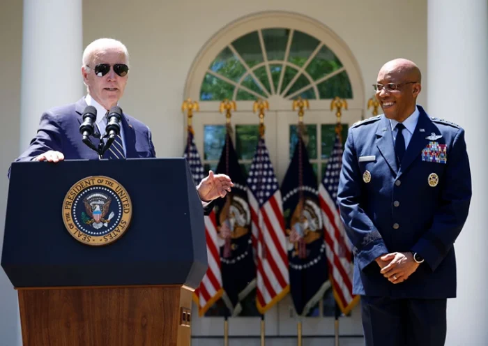 WASHINGTON, DC - MAY 25: U.S. President Joe Biden announces his intent to nominate Gen. Charles Q. Brown, Jr. to serve as the next Chairman of the Joint Chiefs of Staff during an event in the Rose Garden of the White House May 25, 2023 in Washington, DC. Brown is currently serving as the U.S. Air Force Chief of Staff. If confirmed by the Senate, Brown would be the second African-American man, after Colin Powell, to hold the position of Chairman of the Joint Chiefs of Staff, the most senior military adviser to the president. (Photo by Kevin Dietsch/Getty Images)